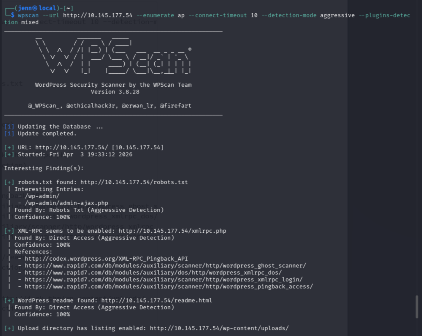 WPScan aggressive plugin enumeration results